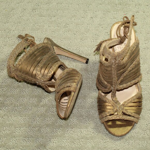 Vince Camuto 6.5 Gold Strappy Peep Toe 4" Heels - Picture 1 of 6